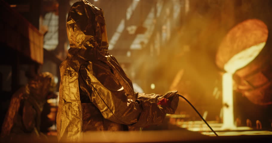 Furnace Operators in Protective Fireproof Suits and Industrial Employees Working at a Modern Metal Foundry. Foundrymen Pouring Hot Melted Iron Ore into Casting Forms, Producing Equipment