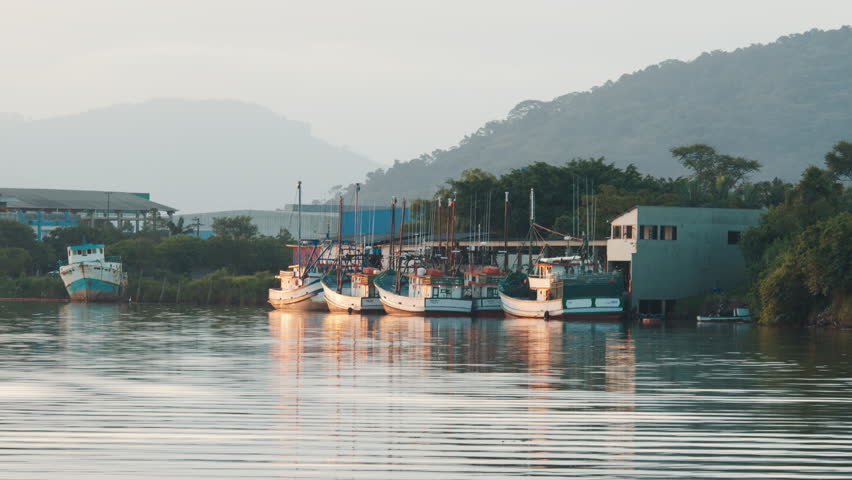 Fishing boats docked in a port on the river. Itajai, Brazil