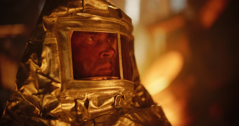 Portrait of an Exhausted Foundryman in Fire-Resistant Gear and Face Shield Captured in a Still Moment, Looking at a Furnace Blazing in the Background. Work at Heavy Industry Metal Foundry