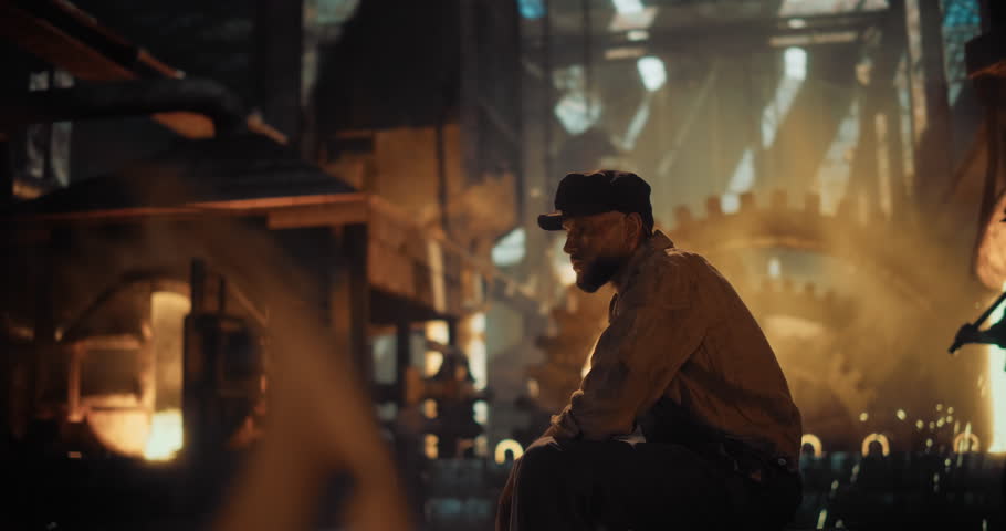Tired 19th-century Foundry Worker Sits Near a Coal-Fired Furnace, Soot Covering His Face and Clothes. Smoky Air and Manual Tools Reflect the Harsh Conditions of the Industrial Revolution