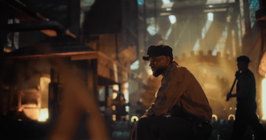 Tired 19th-century Foundry Worker Sits Near a Coal-Fired Furnace, Soot Covering His Face and Clothes. Smoky Air and Manual Tools Reflect the Harsh Conditions of the Industrial Revolution