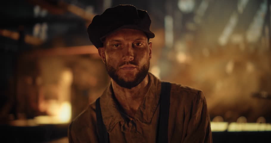 19th-Century Caucasian Male Ironworker Poses for Camera with a Sledgehammer Inside a Fire-Lit Historical Foundry. His Worn Face and Heavy Gear Reflect the Grit and Endurance of Early Industrial Labor