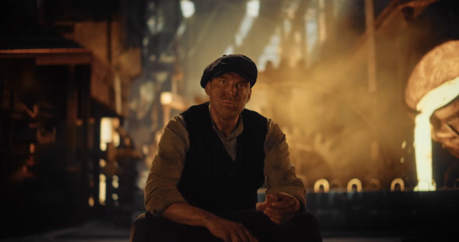 In the Heat of an Industrial Revolution Iron Foundry a Man is Putting Down a Sledgehammer, Sitting Down to Eat a Piece of Bread. Portrait of a 19th-Century Heavy Industry Worker