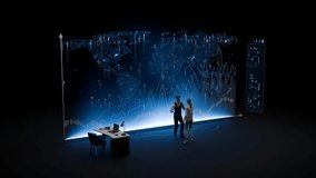 A diverse business team engages in a collaborative discussion, analyzing a global financial graph to strategize for future growth and market trends in a modern office setting. - Powered by Shutterstock - Get 15% off with code: PIKWIZARD15