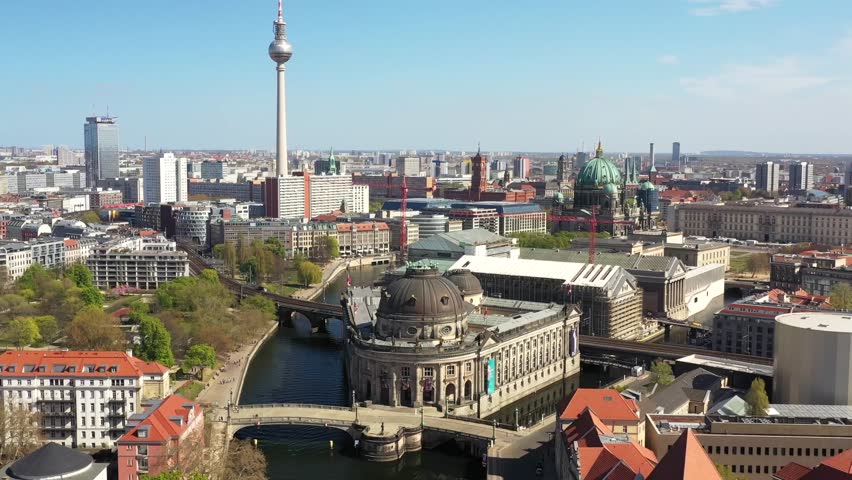 Aerial view of Berlin TV Tower and Bode Museum, Germany.