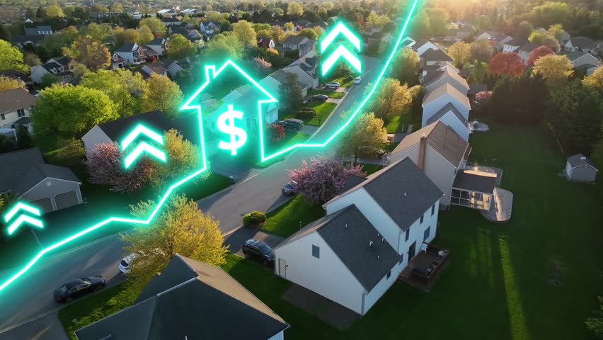 Rising house prices in American neighborhood. Aerial with neon animated house with dollar symbol and positive trend chart. Hot real estate market. Increasing, inflation market. Golden hour.