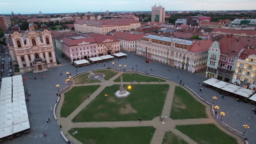 Aerial drone footage video 4k of Union Square in Timisoara, Romania