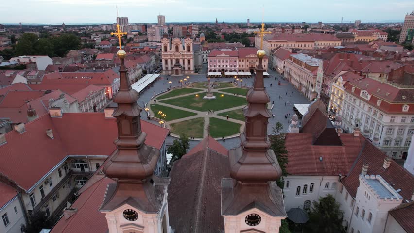 Aerial drone footage video 4k of Union Square in Timisoara, Romania