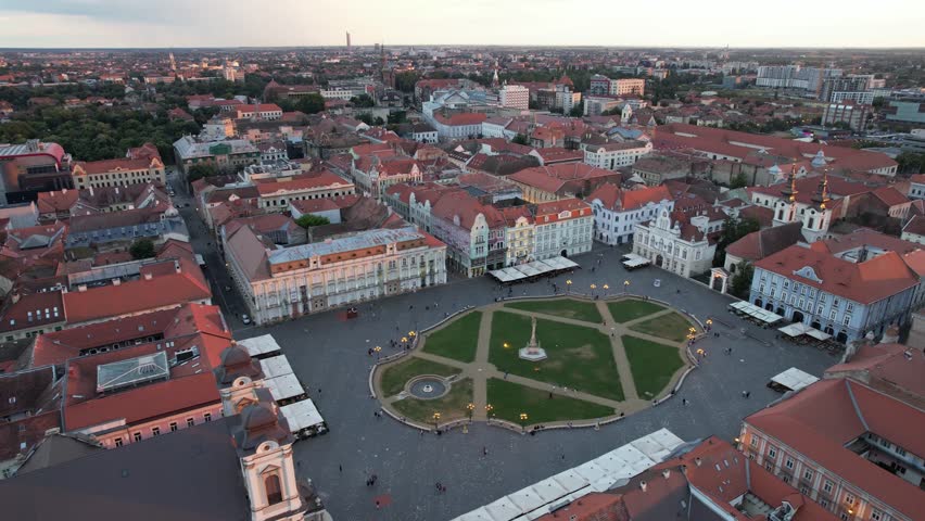 Aerial drone footage video 4k of Union Square in Timisoara, Romania