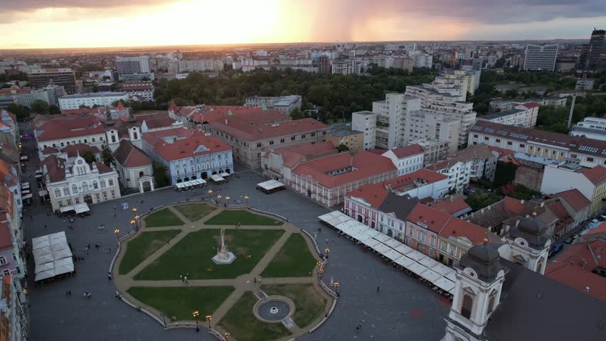 Aerial drone footage video 4k of Union Square in Timisoara, Romania