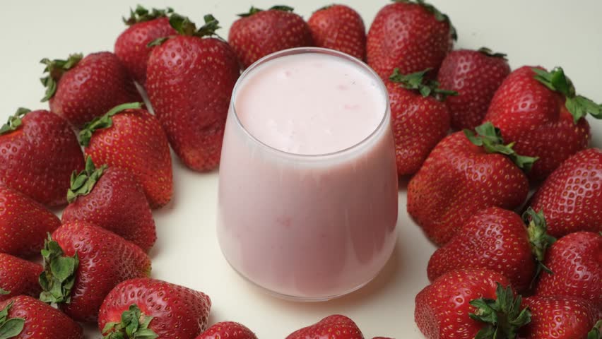 Strawberry yogurt in glasses among fresh, ripe strawberries.