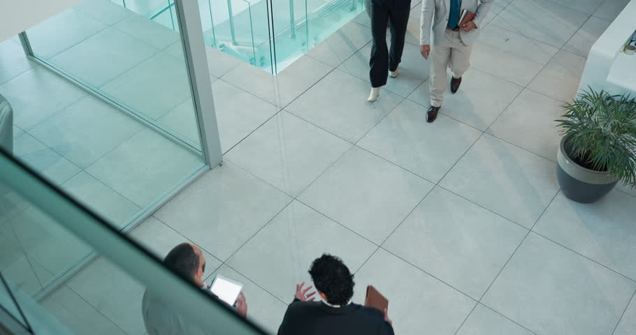 Handshake, welcome and above of business people in office for meeting, introduction and b2b conference. Opportunity, networking event and shaking hands with employees in agency for thank you