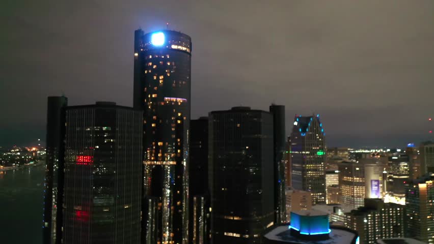 Cinematic aerial establishing shot of Detroit at winter