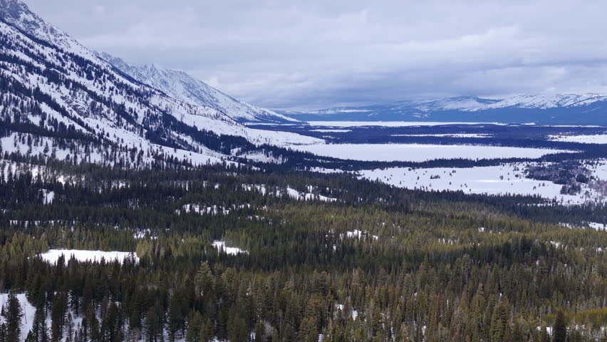 Winter forest and mountains in Grand Teton drone