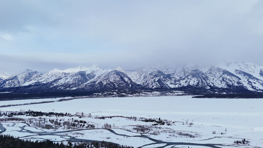 Grand Teton Range in Winter Mist from Aerial View