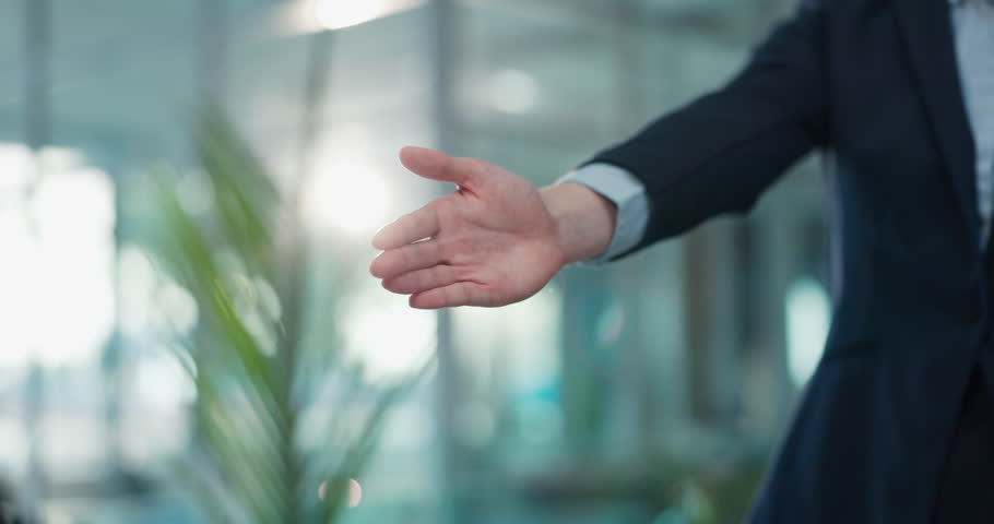 Offer, handshake and meeting with business people in office for contract, B2B and teamwork. Partnership, introduction and shaking hands with employees in agency for agreement, deal and thank you