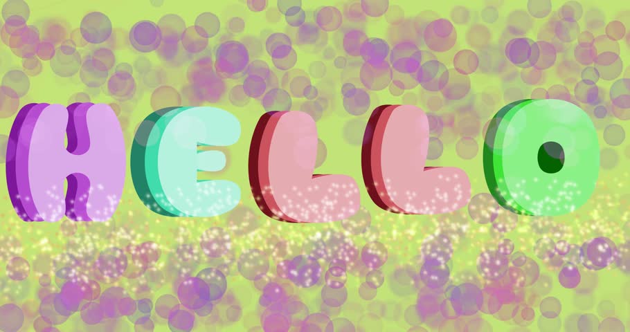 A vibrant "Hello" message video in colorful 3D letters, sparkling with glitter against a shimmering bokeh background of soft, blurred lights. Perfect for intros, greetings, or celebratory themes.