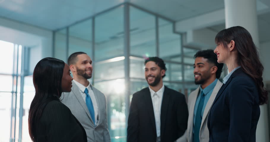 Colleagues, group and high five for celebration in office, lawyer and unity for opportunity and win. Hands together, attorney or people with gesture for success, achievement or legal team in law firm