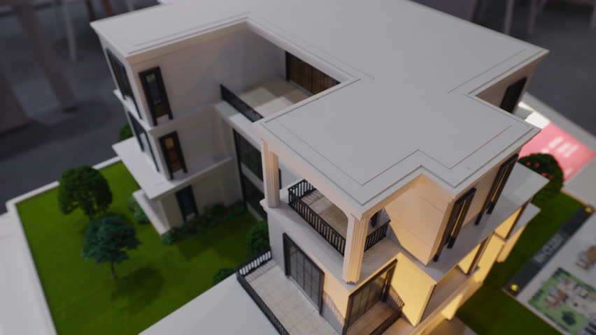 Miniature replica of detached house with expansive windows. Real estate exhibition presents model of private residence with spacious loggias featuring latest building materials