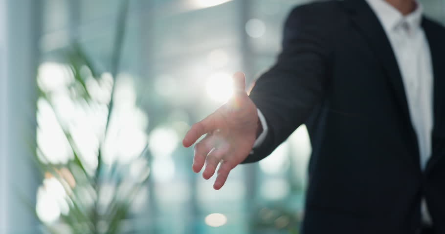 Welcome, handshake and meeting with business people in office for contract, b2b and teamwork. Partnership, introduction and shaking hands with employees in agency for agreement, deal and thank you