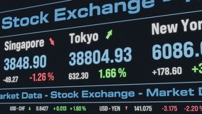 Trading board with stock index data and currency exchang rates. Business, trading, investment, risk, volatile, moving up and down. 3D animation - Powered by Shutterstock - Get 15% off with code: PIKWIZARD15