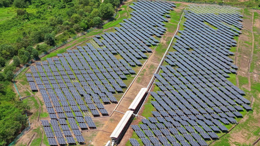 Aerial view of solar farm in Malaysia generating clean renewable energy