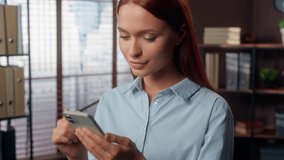 Business woman using mobile phone online chat businesswoman in office Caucasian female girl employer manager entrepreneur browsing app smartphone e-commerce company internet message technology addict - Powered by Shutterstock - Get 15% off with code: PIKWIZARD15