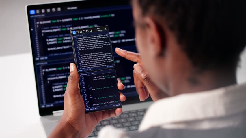 Programmer Writing Code On Laptop And Phone In Office Space