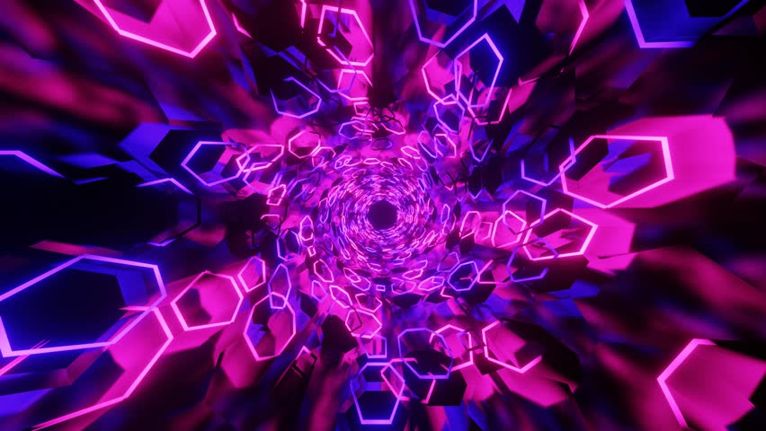 An illustration of abstract hexagonal tunnel swirling neon pink and purple geometric loop patterns radiating outward in motion