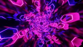 An illustration of abstract hexagonal tunnel swirling neon pink and purple geometric loop patterns radiating outward in motion - Powered by Shutterstock - Get 15% off with code: PIKWIZARD15