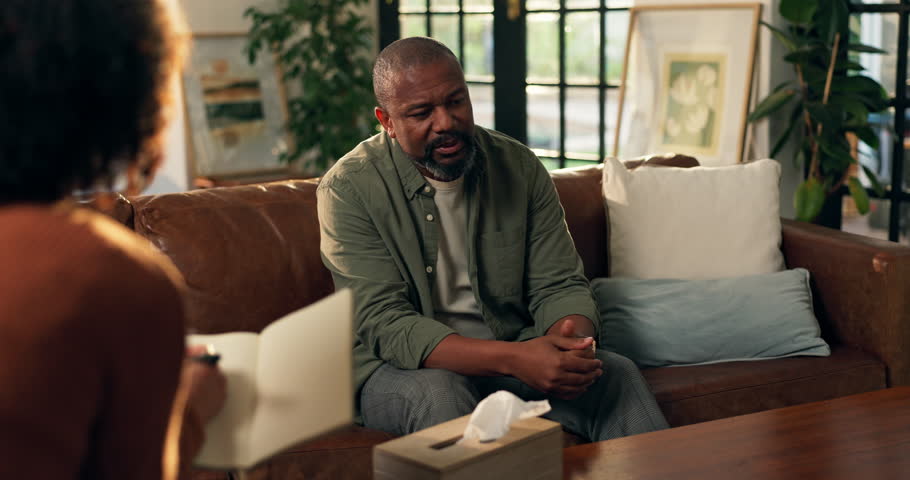 Counseling, psychology and writing with man on sofa for therapy session, tracking progress and chat. Mental health, support and patient advice with people in therapist clinic for help and healing