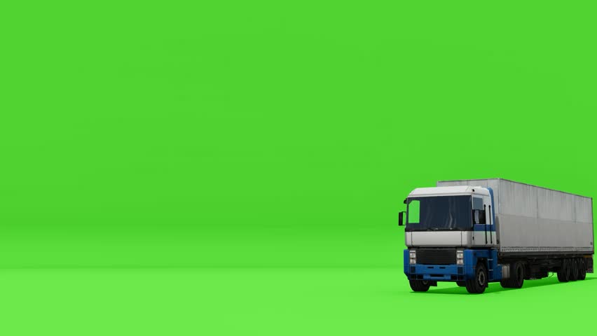 A large semi-truck with a trailer on a vibrant green screen background. Ideal for compositing and easy keying, usable for logistics, transport, advertising, or virtual environment projects.