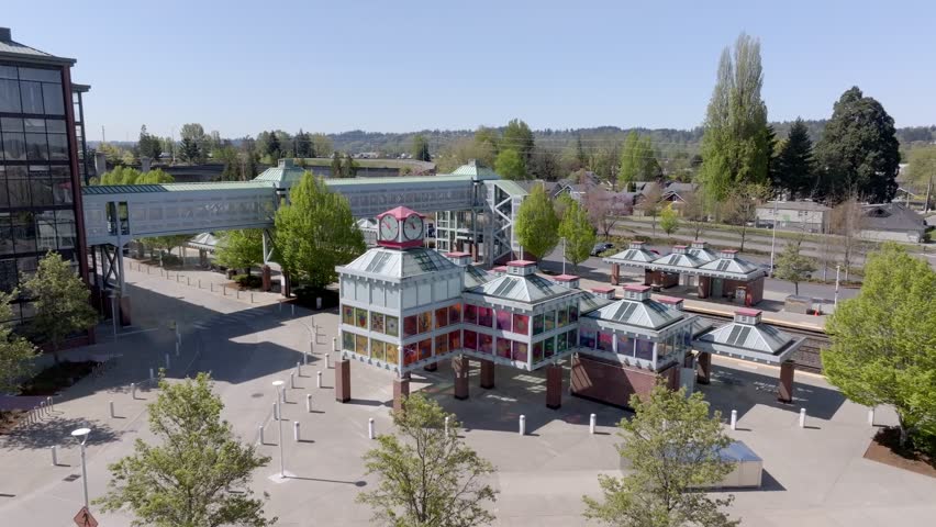 Railroad Of Auburn Train Station In The City Of Auburn, Washington, United States. Aerial Drone Shot