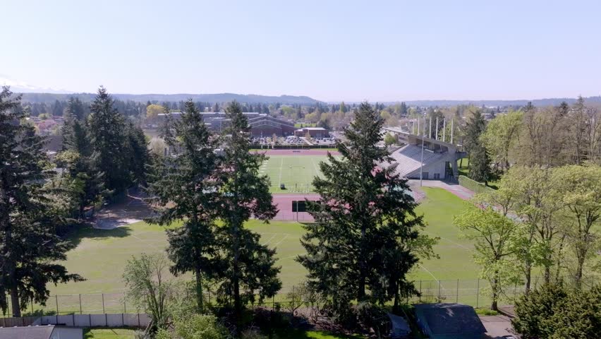 Auburn Memorial Stadium And Auburn Performing Arts Center Building In Washington, USA. - aerial shot