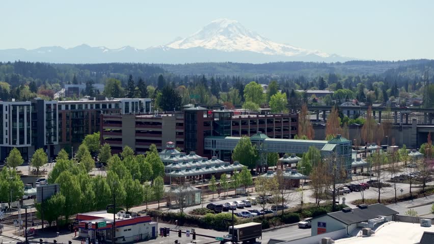 Transportation Hub In Downtown Auburn, Washington, United States. The Auburn Transit Center On A Sunny Day. Aerial Drone Shot