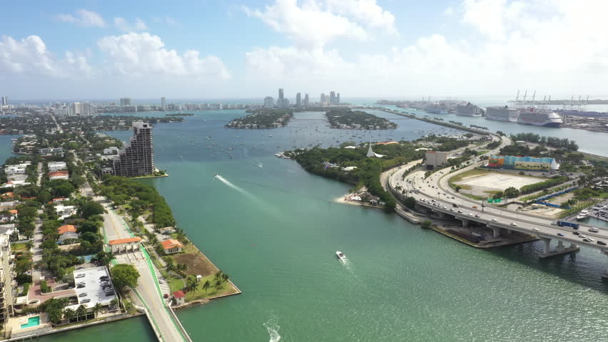 Bayfront Park On The Shore Of Biscayne Bay In Downtown Miami, Florida, United States. Aerial Drone Shot