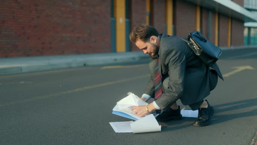A white-collar employee frantically tries to collect scattered papers from the road after accidentally dropping them, highlighting the stress of office life.