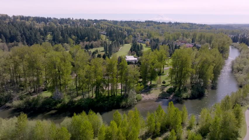 Green River And Isaac Evans Park In Summer In Auburn, Washington, USA. - aerial shot