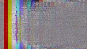 Vertical color bars in red, yellow, green, and blue dominate left. Digital static and distorted bars cascade right, creating textured chaos. Muted violet, cyan, and hints of orange appear amid grain. - Powered by Shutterstock - Get 15% off with code: PIKWIZARD15