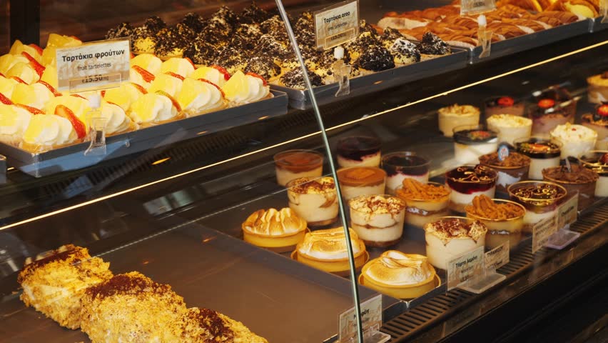 Assorted pastries and desserts including labeled fruit tartelettes and chocolate treats in a glass display case at a bakery in Athens, Greece. Mousse, tiramisu, custards in glasses. No people