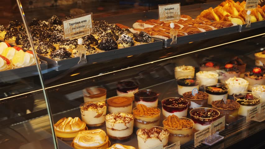 Assorted pastries and desserts including labeled fruit tartelettes and chocolate treats in a glass display case at a bakery in Athens, Greece. Mousse, tiramisu, custards in glasses. No people