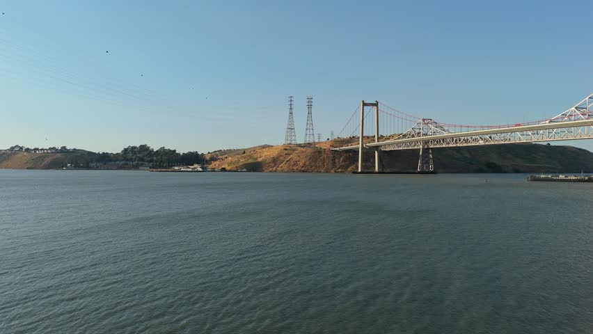 Establishing shot of the Carquinez Bridges near Crockett and Vallejo, CA
