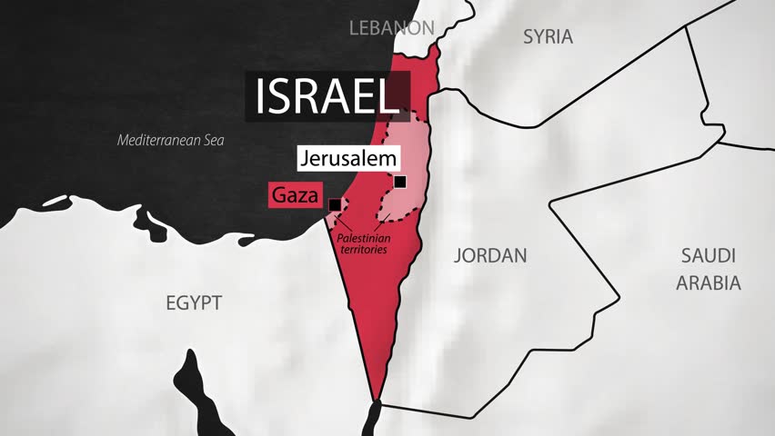 Israel and Gaza Map - Fast Zooming from World Map. Animated Motion Graphics Shape Map of the Israel and Gaza. 4K Resolution Stock Video for News, Vlogs etc.