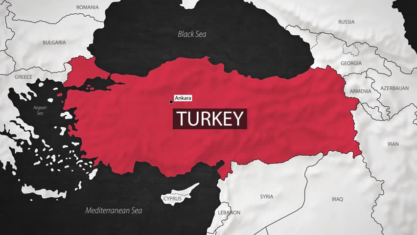 Turkey Map - Fast Zooming from World Map. Animated Motion Graphics Shape Map of the Turkey. 4K Resolution Stock Video for News, Vlogs etc.