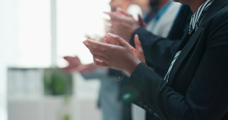 Applause, conference and hands of business people in office for achievement, motivation or success. Celebration, congratulations and support with excited employee team clapping in convention center