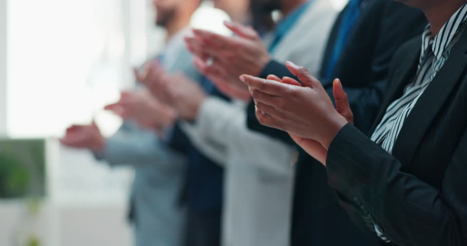 Applause, conference and hands of business people in office for achievement, motivation or success. Celebration, congratulations and support with excited employee team clapping in convention center