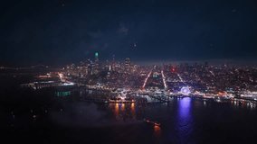 Aerial footage captures fireworks above the iconic skyline of San Francisco on July 4 Independence Day in California USA with a sweeping city view glowing in celebration and festive spirit across bay - Powered by Shutterstock - Get 15% off with code: PIKWIZARD15