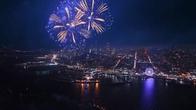 Aerial footage captures fireworks above the iconic skyline of San Francisco on July 4 Independence Day in California USA with a sweeping city view glowing in celebration and festive spirit across bay - Powered by Shutterstock - Get 15% off with code: PIKWIZARD15
