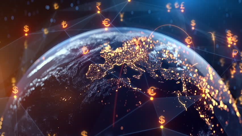 Global Financial Network Animation - Currency Exchange, Digital Money Transfer, Earth Fintech Data Visualization, Blockchain Economy, Globalization, Investment, Crypto, Banking, World Trade