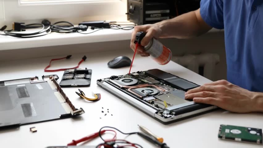Technician repairing and maintaining a laptop at a workbench